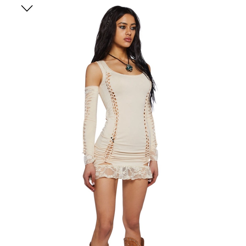 Off White Distress & Lace Mini Dress & Gloves